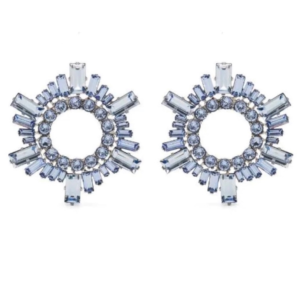 Amina Muaddi Begum crystal earrings designer blue rhinestone pageant